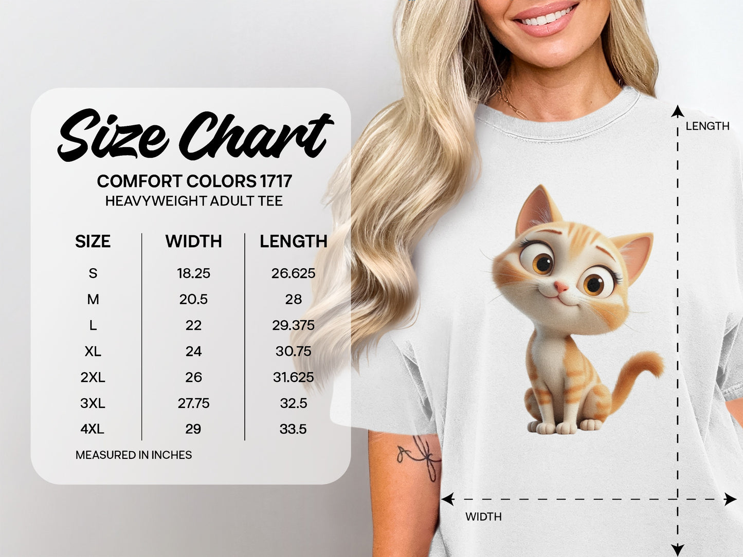 Size chart for Comfort Colors 1717 heavyweight adult tee, showing measurements.