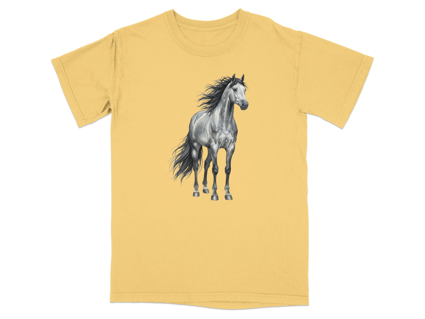 Yellow t-shirt with a black and white sketch of a horse.
