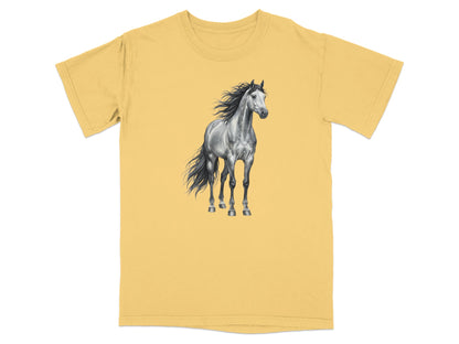 Yellow t-shirt with a black and white sketch of a horse.
