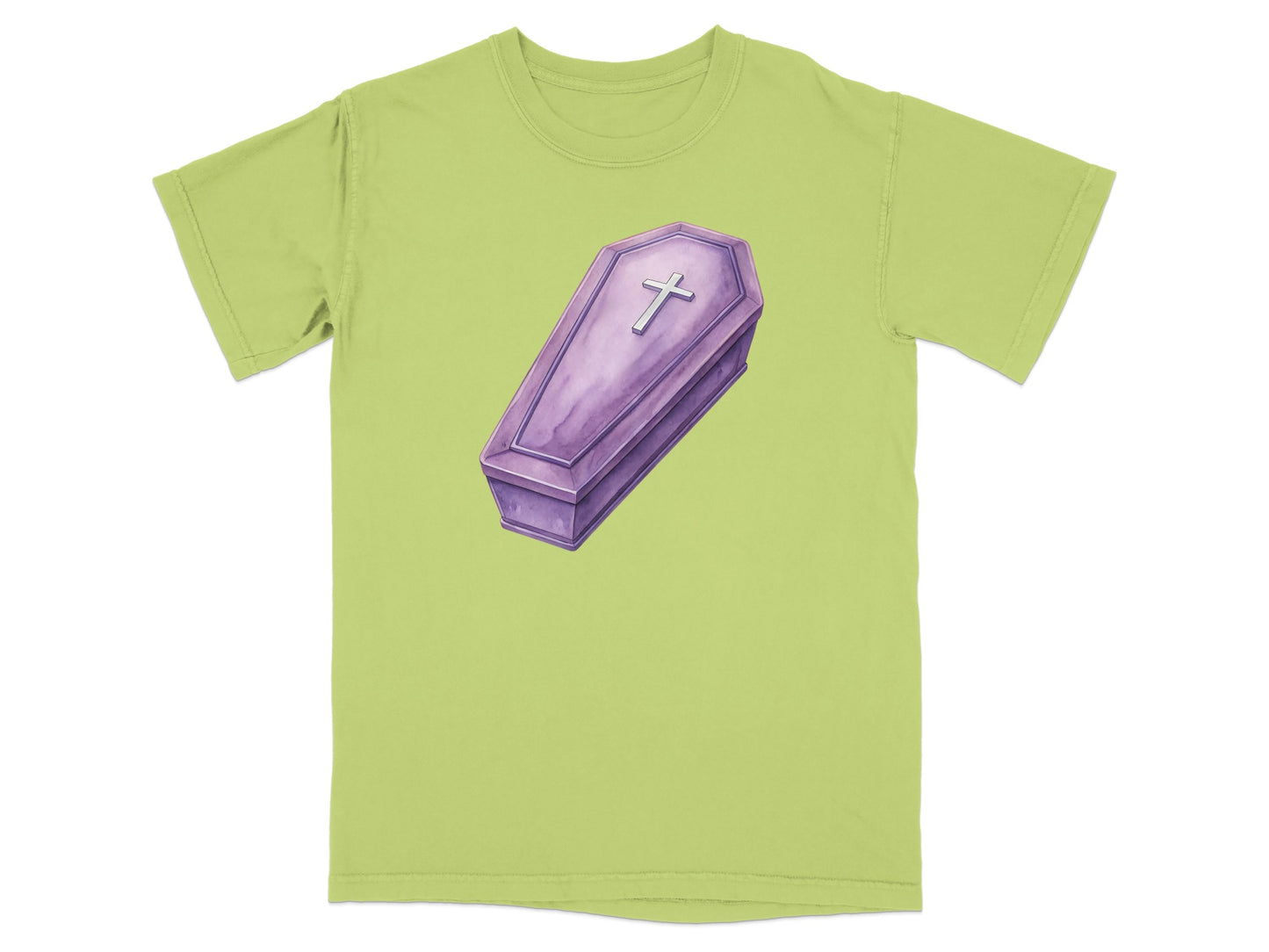 Green t-shirt with a purple coffin and silver cross graphic.