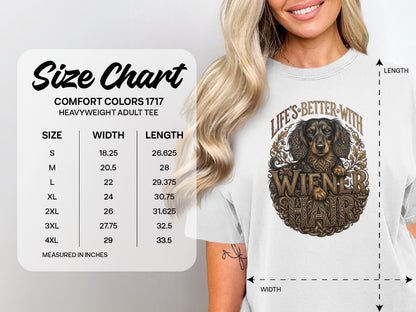 Comfort Colors 1717 heavyweight adult tee size chart with width and length measurements.
