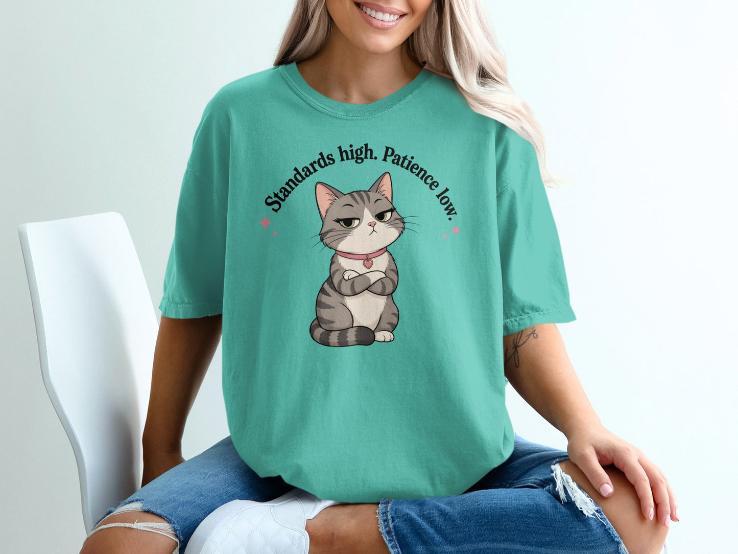 Teal t-shirt with a grumpy cat graphic and text "Standards high. Patience low."