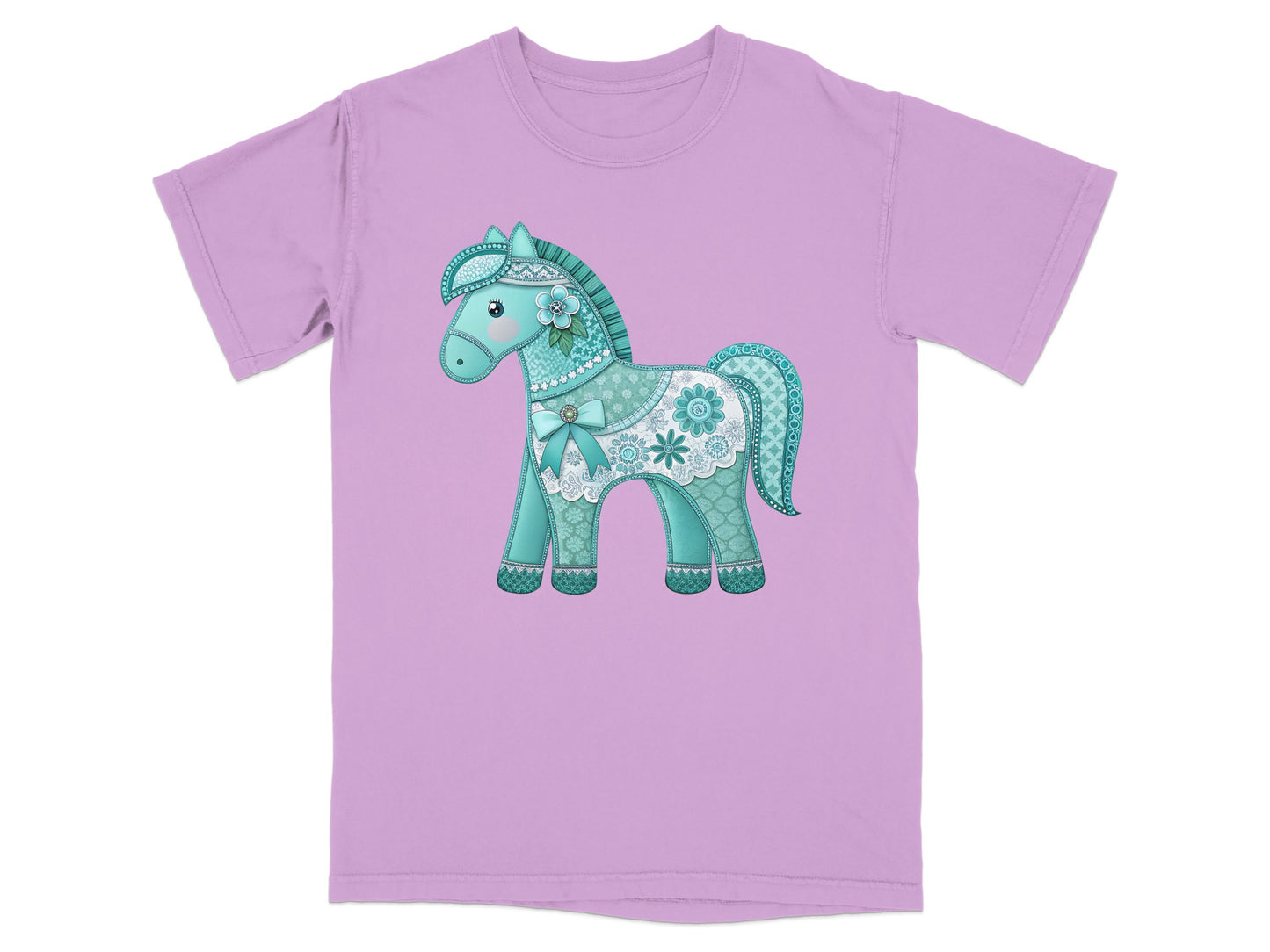 Pink t-shirt with a teal horse design featuring lace and floral patterns.