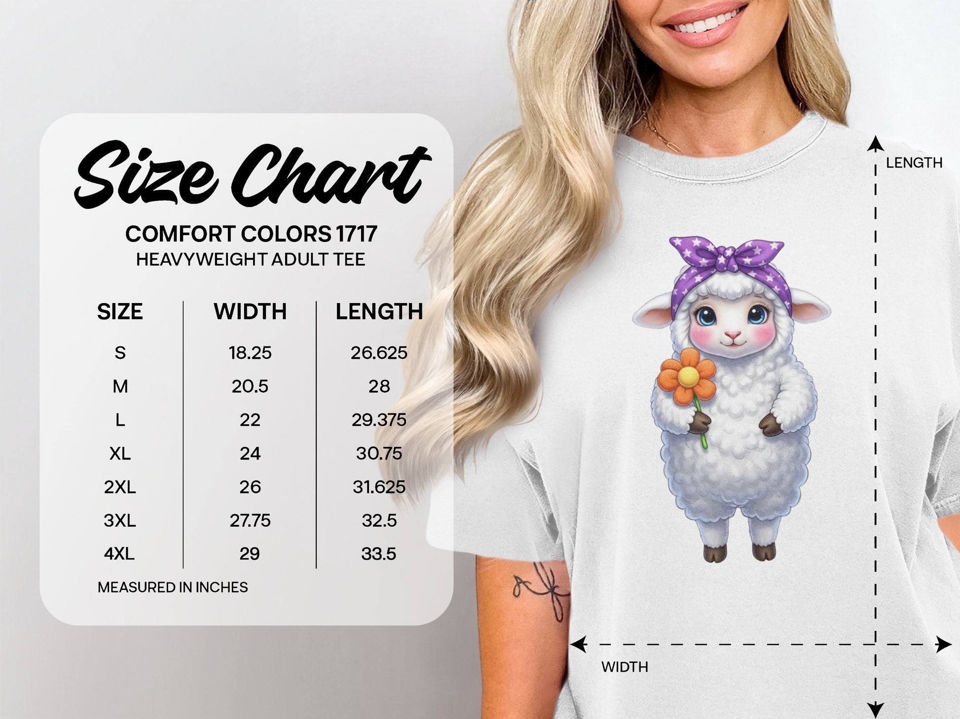 Comfort Colors 1717 heavyweight adult tee size chart with measurements.
