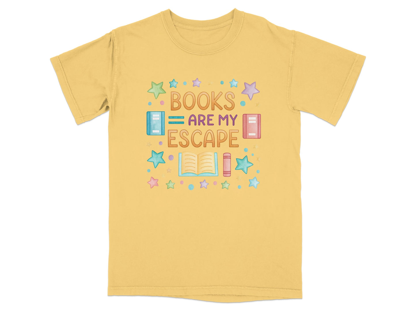 Yellow t-shirt with "BOOKS ARE MY ESCAPE" and book illustrations.