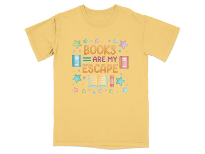 Yellow t-shirt with "BOOKS ARE MY ESCAPE" and book illustrations.