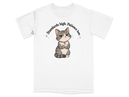 T-shirt with grumpy cat illustration and text "Standards high. Patience low."