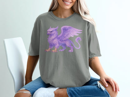 Grey t-shirt with a purple watercolor griffin illustration on the front.
