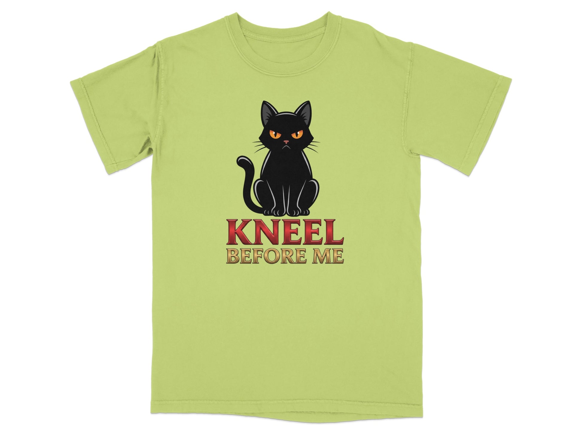 Black cat with "KNEEL BEFORE ME" text on a light green t-shirt.