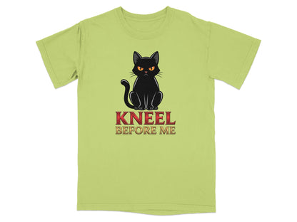 Black cat with "KNEEL BEFORE ME" text on a light green t-shirt.