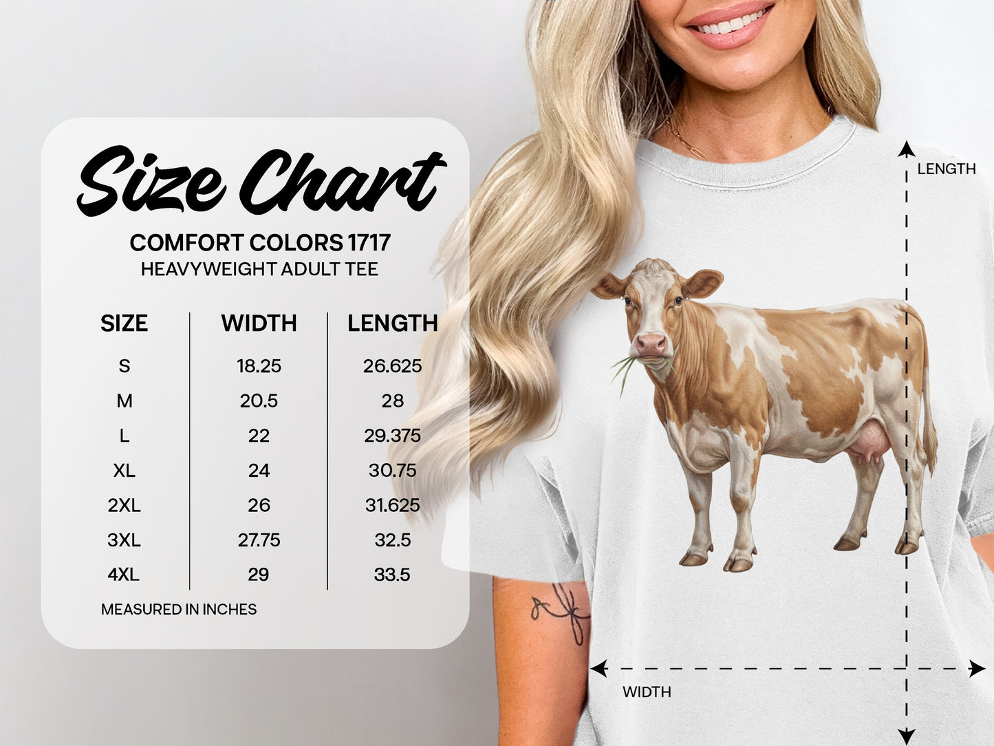 Size chart with measurements for Comfort Colors heavyweight adult tee.