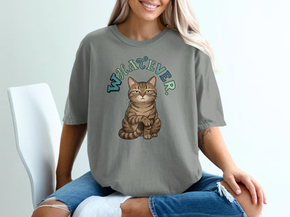 Gray t-shirt with a cartoon cat and "WHATEVER" text.