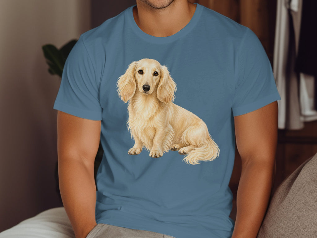 Illustration of a long-haired cream dachshund on a blue t-shirt.