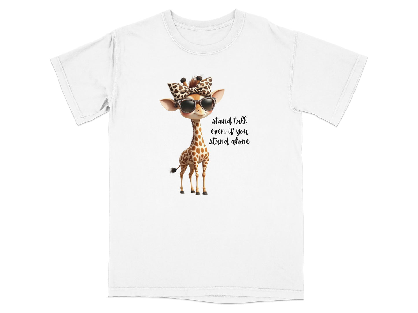 White t-shirt with a cartoon giraffe wearing a leopard print bow and sunglasses.