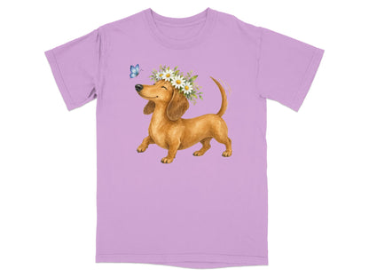 Dachshund wearing a flower crown with a butterfly.