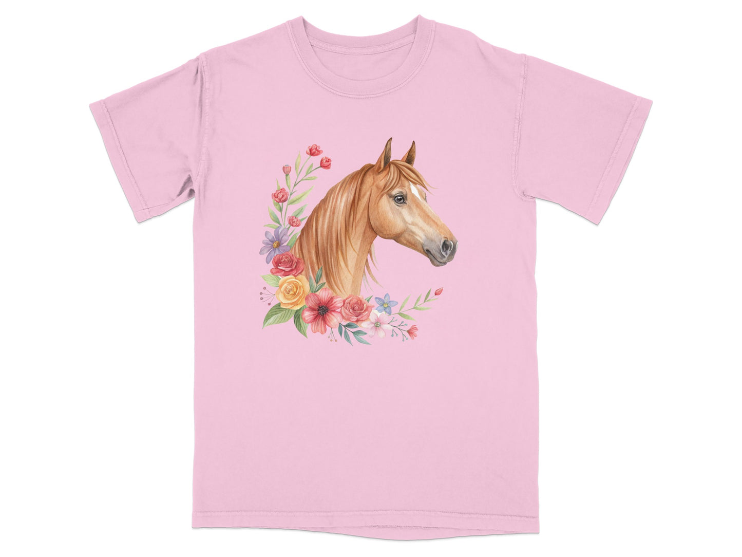 Pink t-shirt with watercolor painting of a horse head and floral wreath.