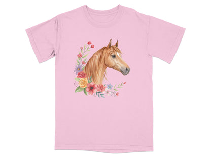 Pink t-shirt with watercolor painting of a horse head and floral wreath.