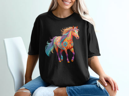 Colorful, floral-patterned horse graphic on a black t-shirt.