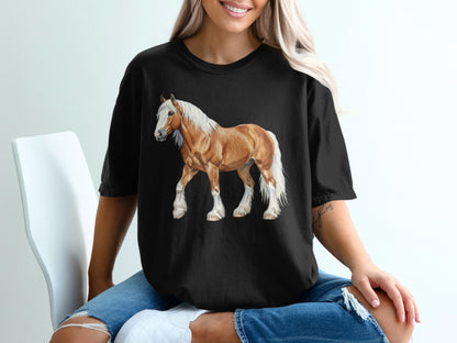 Black t-shirt with a realistic illustration of a light brown horse with a white mane and tail.