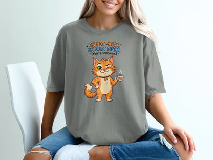 Gray t-shirt with cartoon cat holding a coffee cup and text "I'm not sassy, I'm just right."