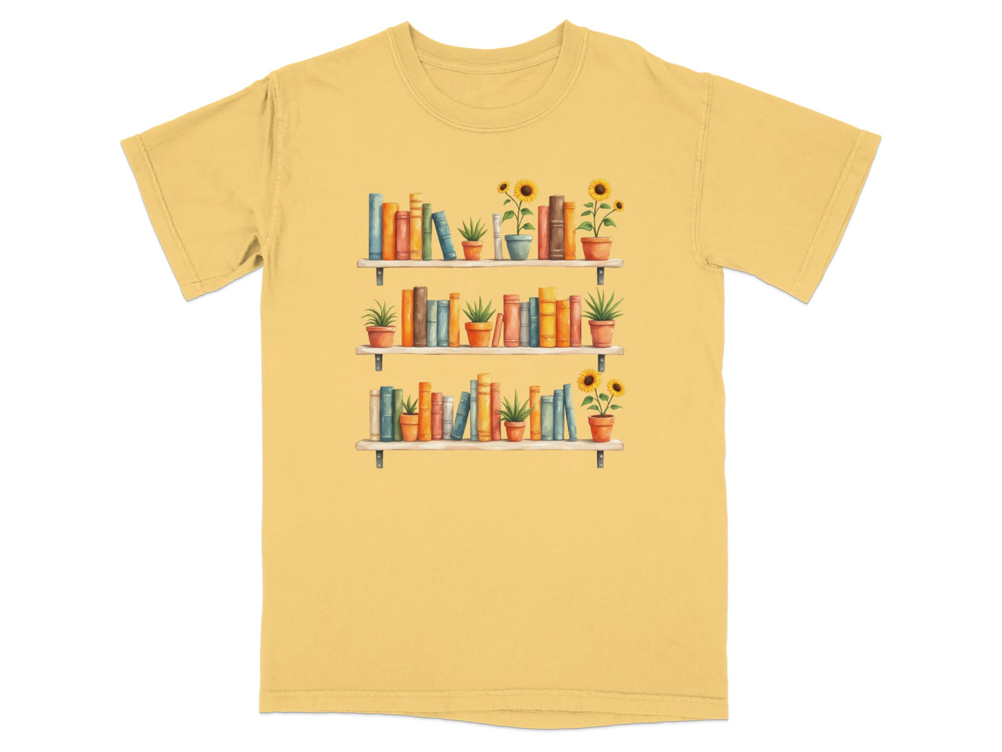 Yellow t-shirt with watercolor illustration of three shelves of books and potted plants.