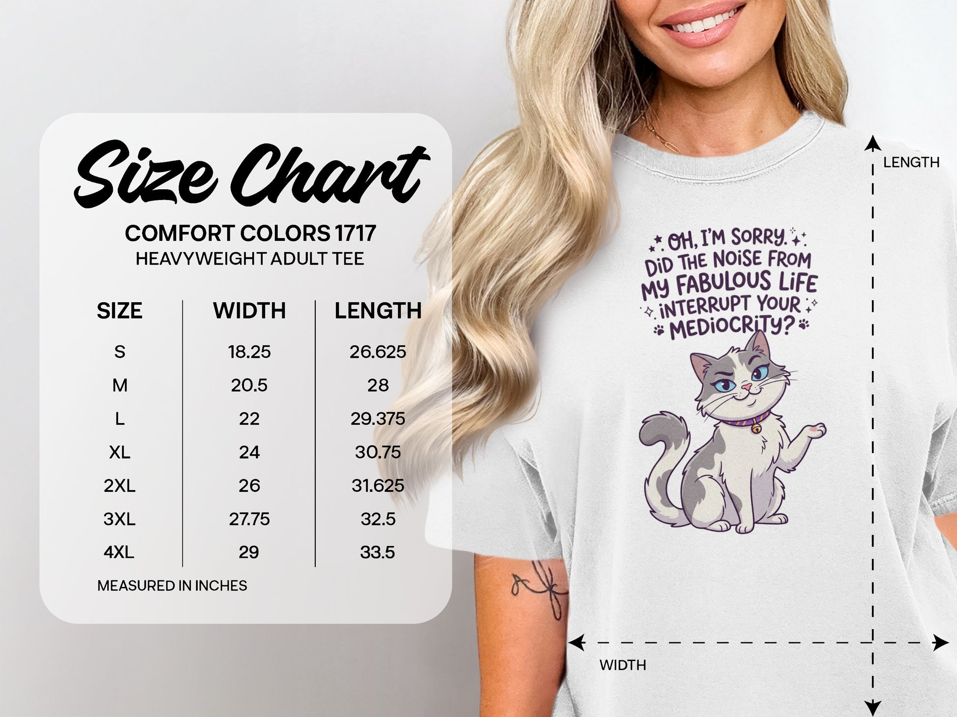 Comfort Colors 1717 heavyweight adult tee size chart with cat graphic.