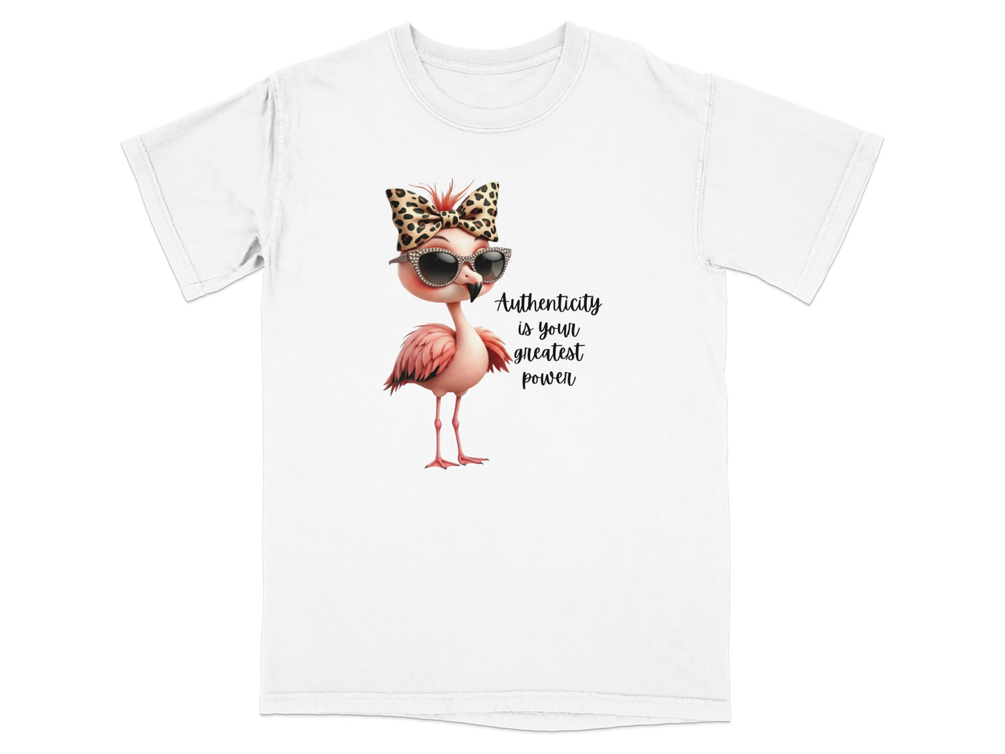 Flamingo wearing sunglasses and a leopard print bow with text "Authenticity is your greatest power".