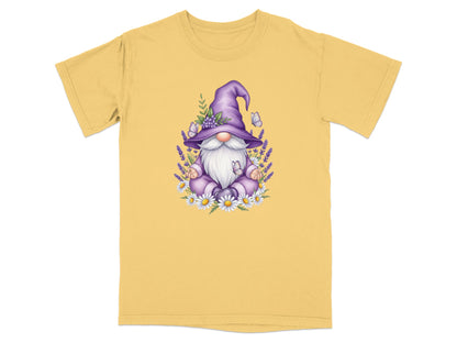 Purple gnome meditating with lavender and butterflies on yellow t-shirt.