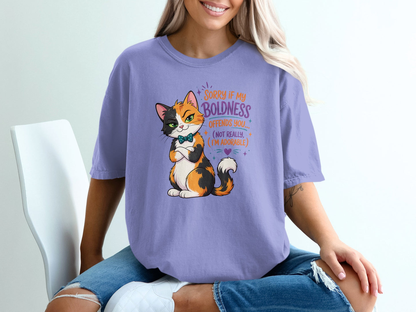 Cat graphic tee with text "Sorry if my boldness offends you, (not really, I'm adorable)."