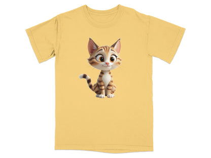 Yellow t-shirt with a cartoon cat illustration.