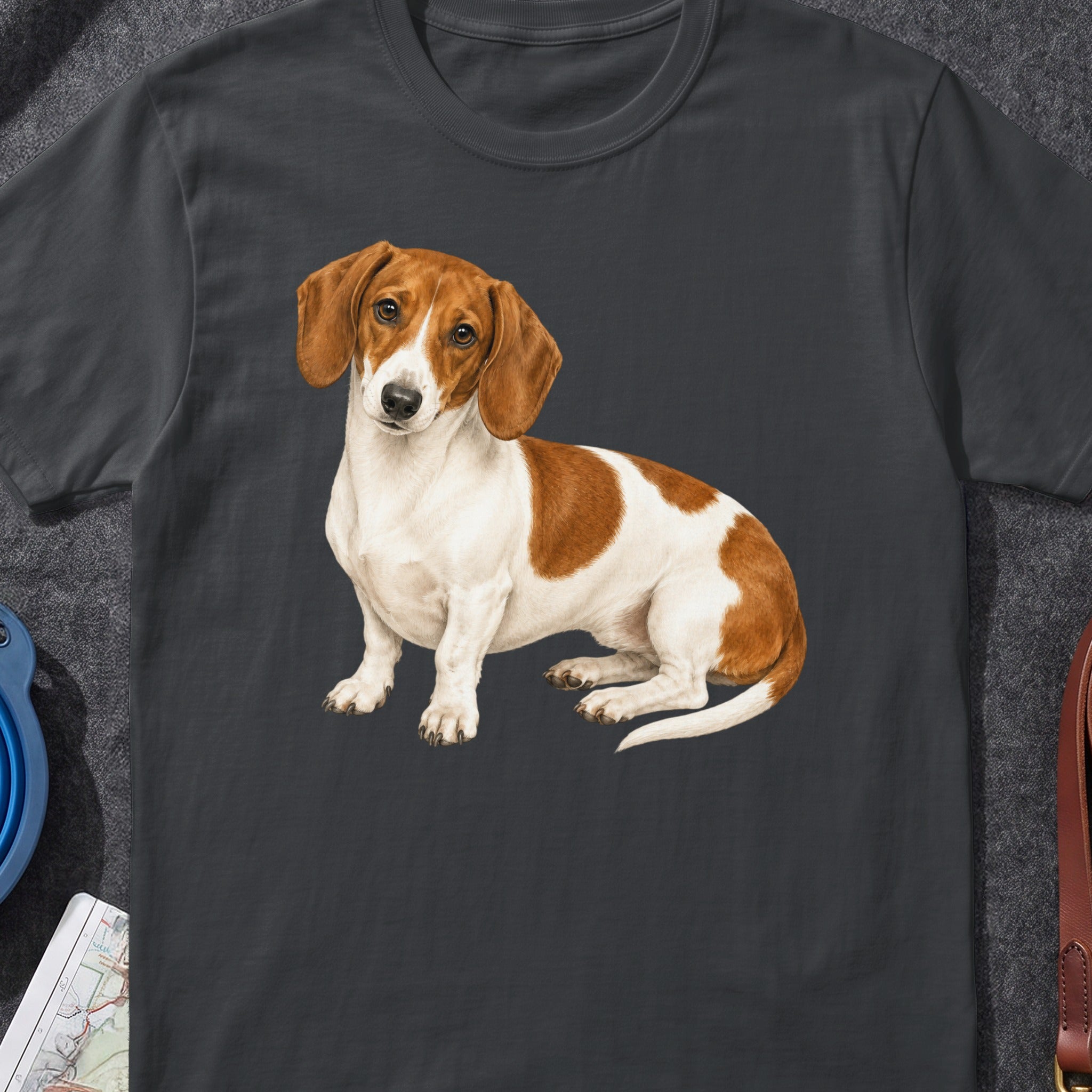 Dachshund with brown and white markings sitting on a dark grey t-shirt.