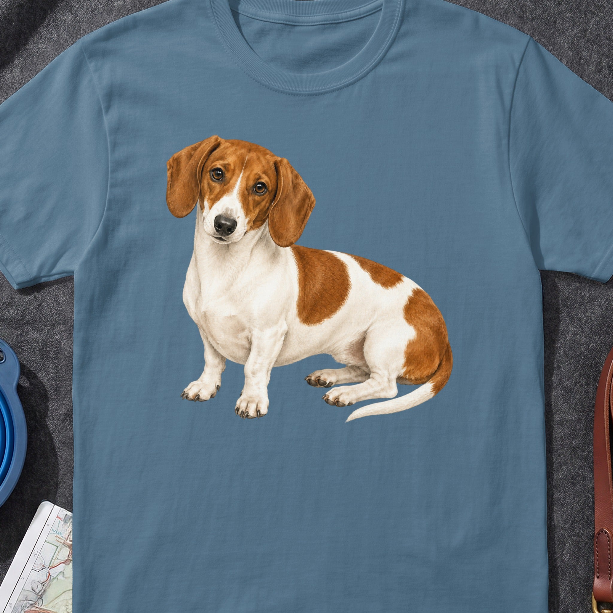 Dachshund with brown and white markings sitting on a blue t-shirt.