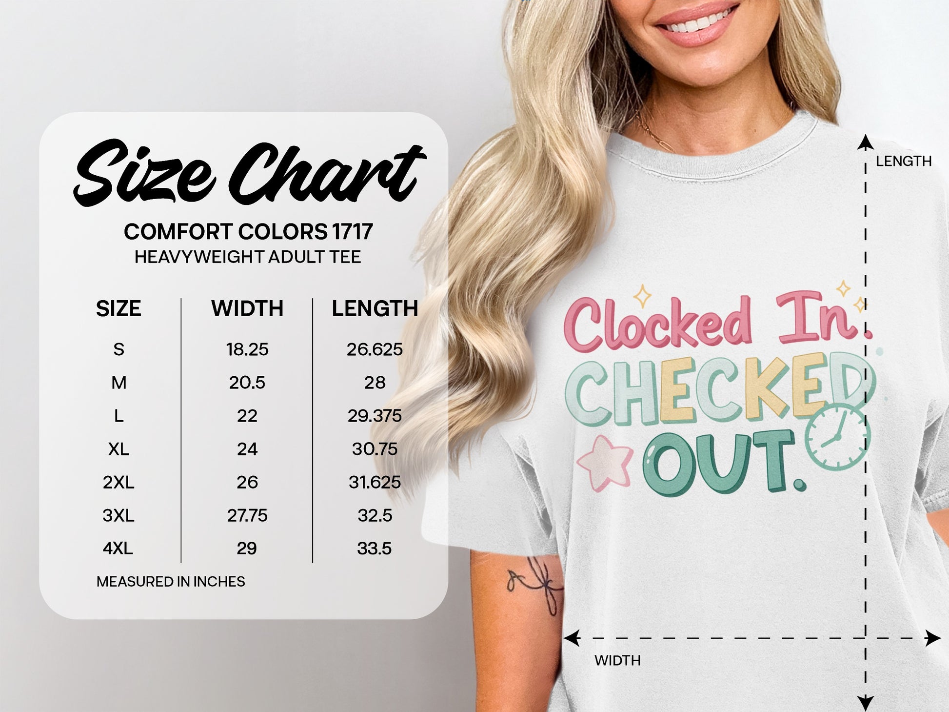 Size chart for Comfort Colors 1717 heavyweight adult tee with measurements.