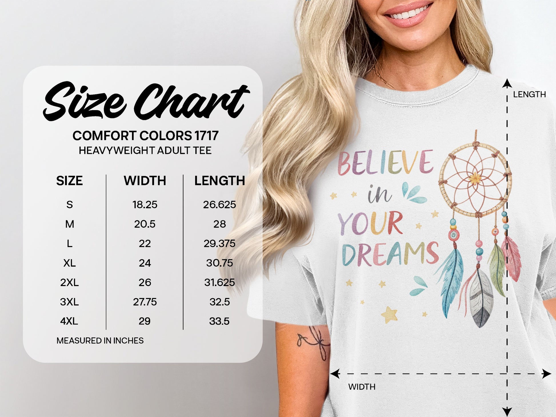 Comfort Colors 1717 heavyweight adult tee size chart with measurements in inches.