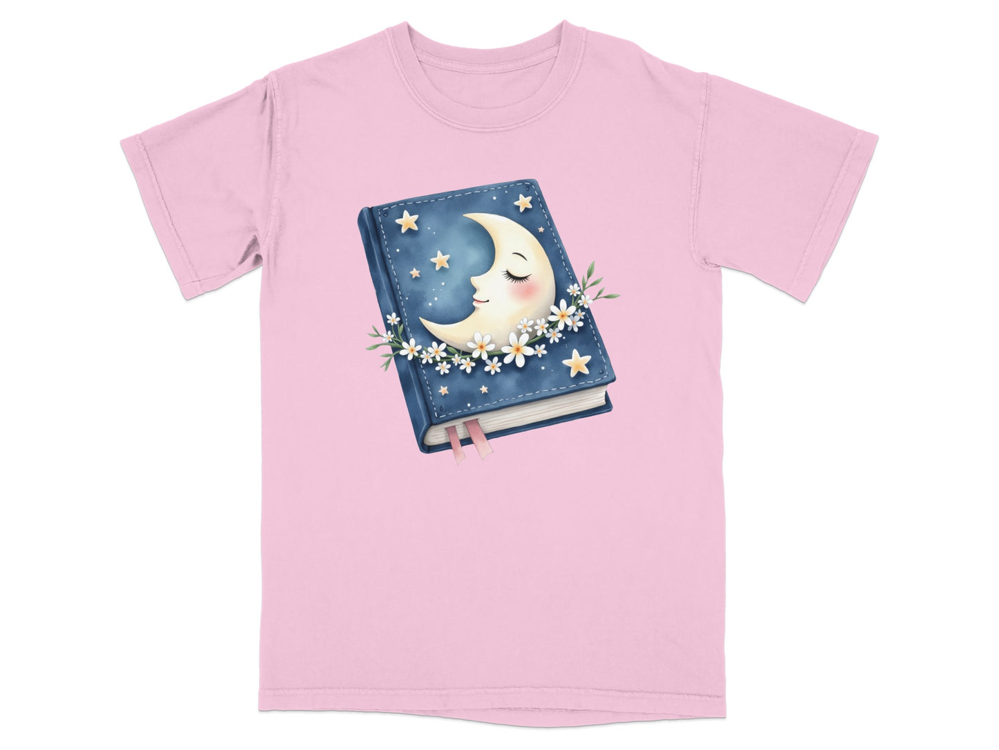 Pink t-shirt with a watercolor illustration of a crescent moon sleeping among stars and daisies.