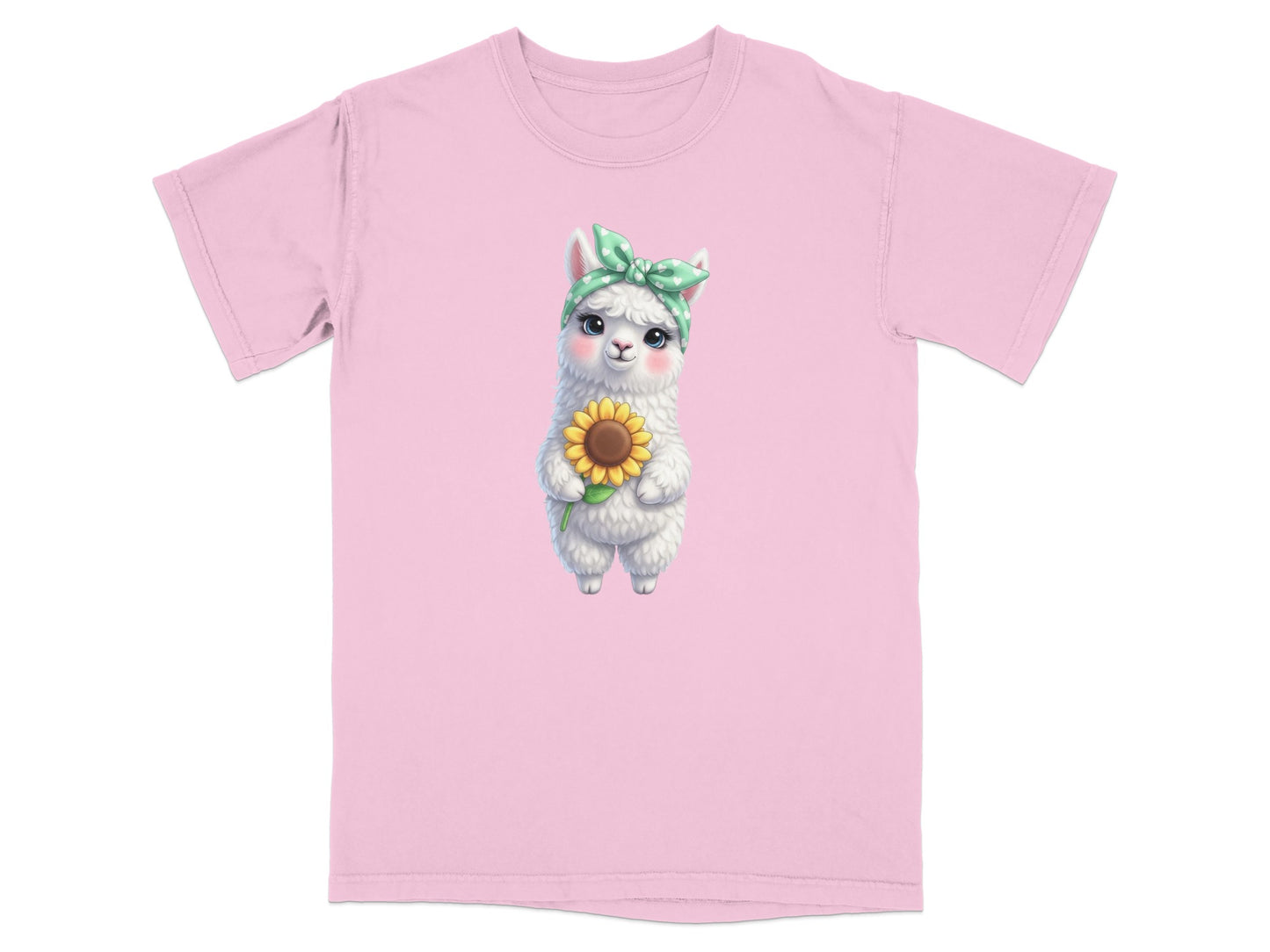 Cute llama wearing a bandana holds a sunflower, printed on a pink t-shirt.