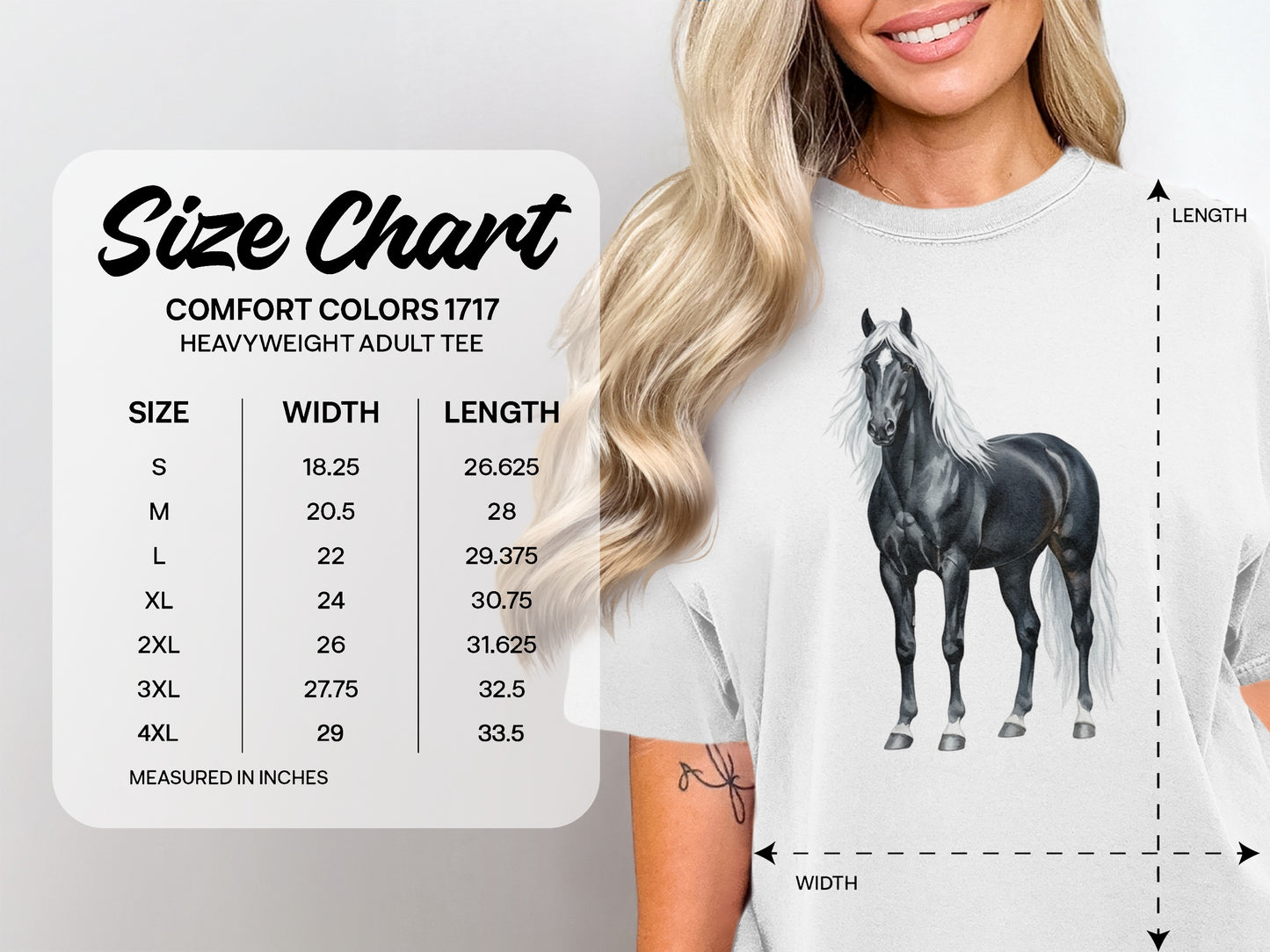 Size chart for Comfort Colors heavyweight adult tee with horse illustration.
