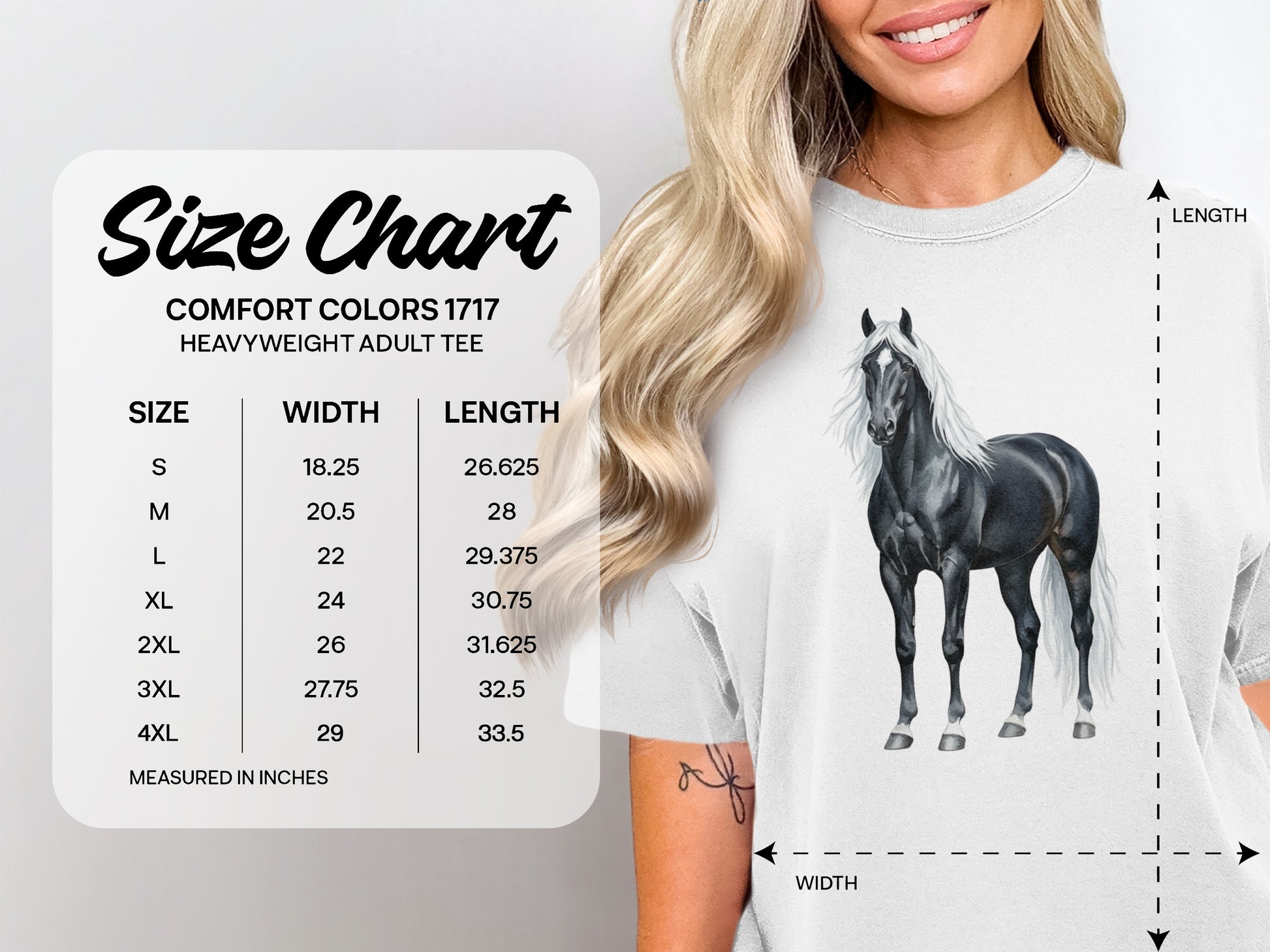 Size chart for Comfort Colors heavyweight adult tee with horse illustration.
