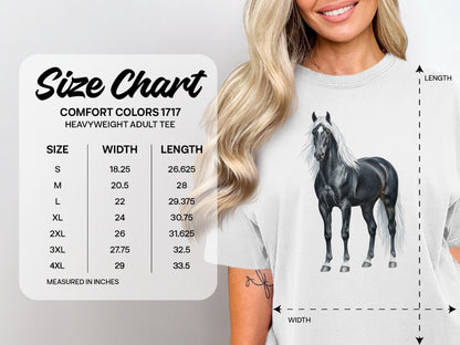 Size chart for Comfort Colors heavyweight adult tee with horse illustration.