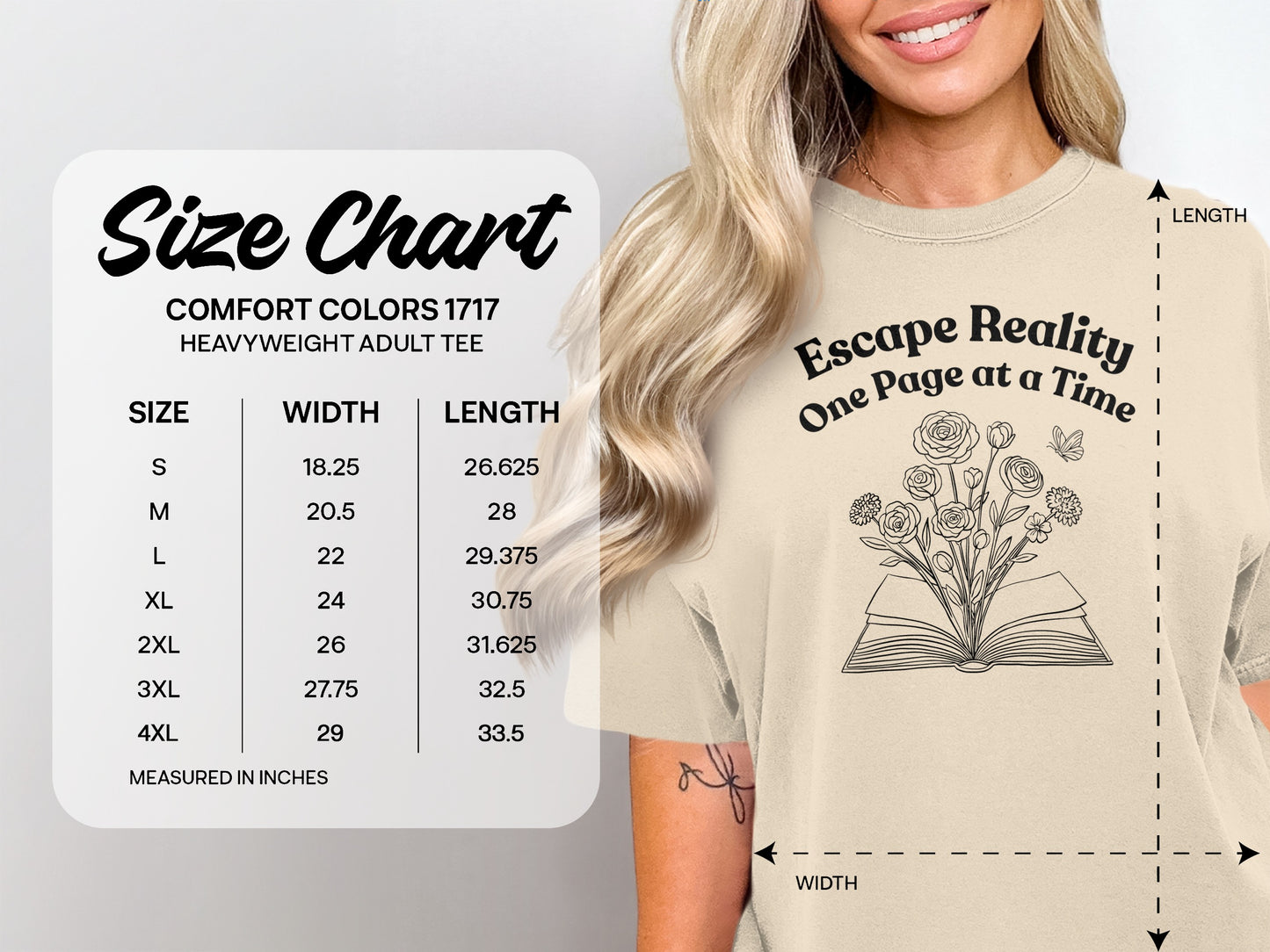 Size chart for Comfort Colors heavyweight adult tee with "Escape Reality One Page at a Time" graphic.