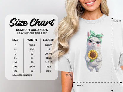 Comfort Colors 1717 heavyweight adult tee size chart with measurements.
