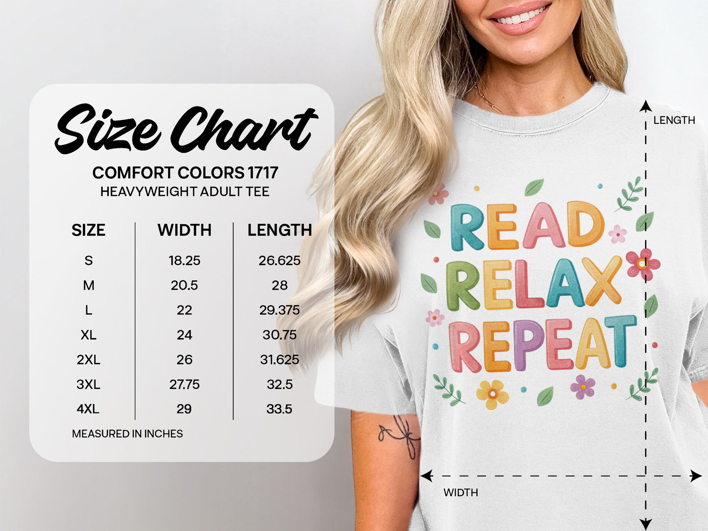 Comfort Colors 1717 size chart for heavyweight adult tees with shirt graphic.