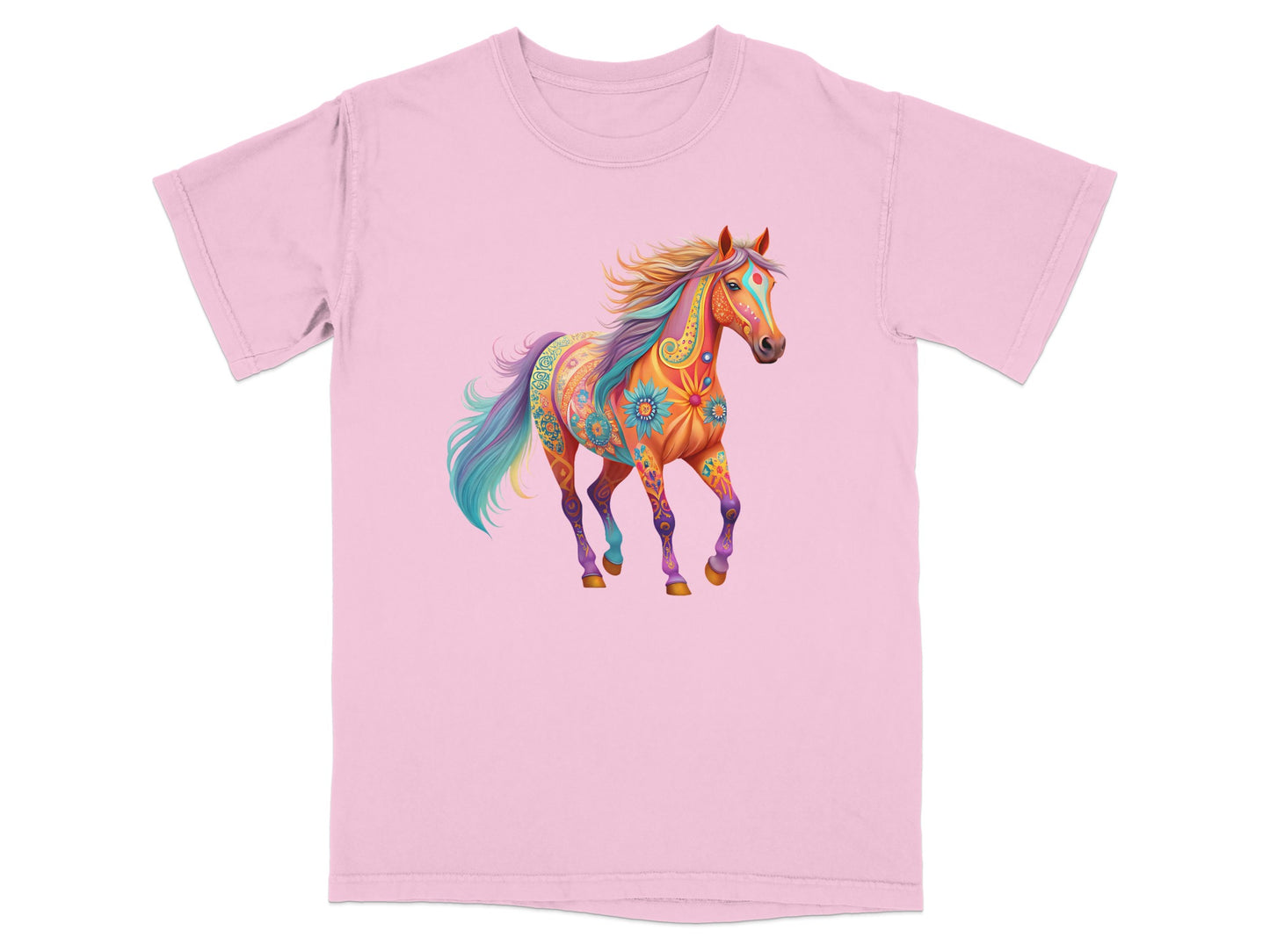 Pink t-shirt with a colorful, decorated horse graphic.