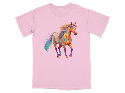 Pink t-shirt with a colorful, decorated horse graphic.