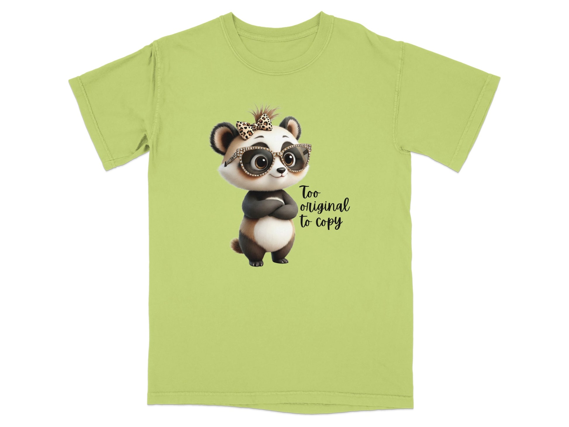 Cartoon panda wearing glasses and a bow, with text "Too original to copy".