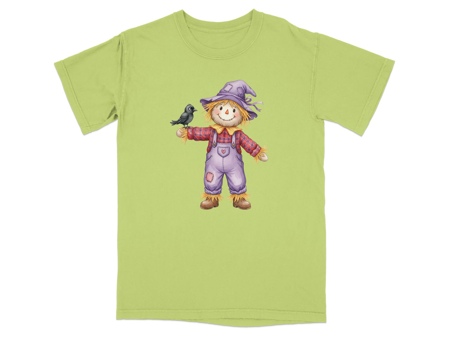 Scarecrow wearing a purple hat and plaid shirt holds a black bird.