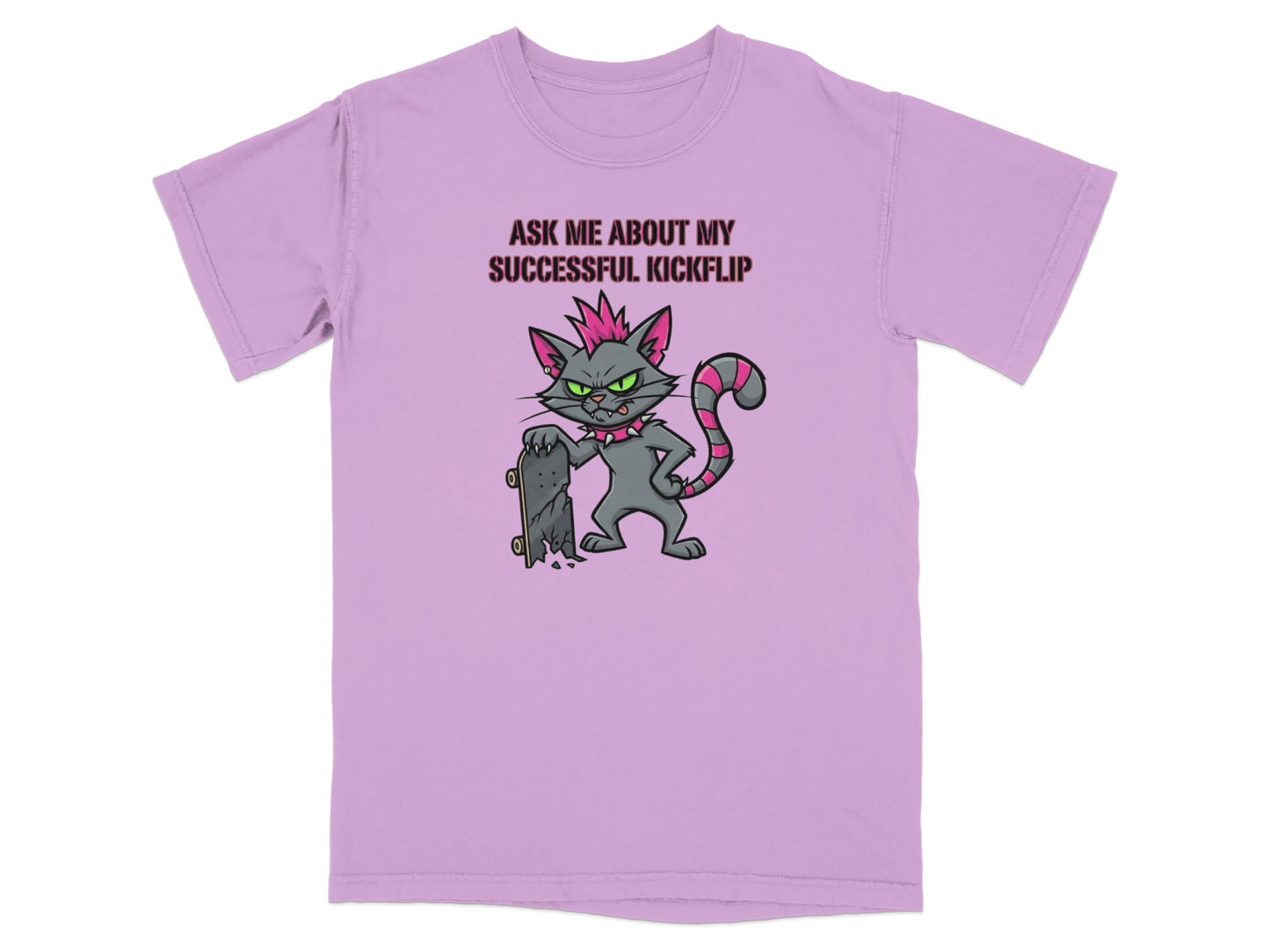 Lilac t-shirt with cartoon cat in punk style holding skateboard.