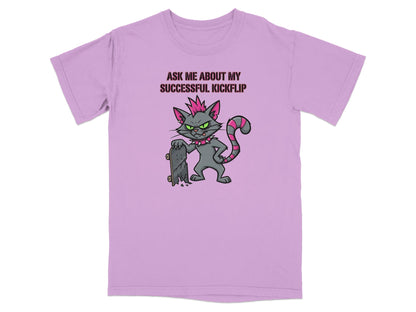 Lilac t-shirt with cartoon cat in punk style holding skateboard.