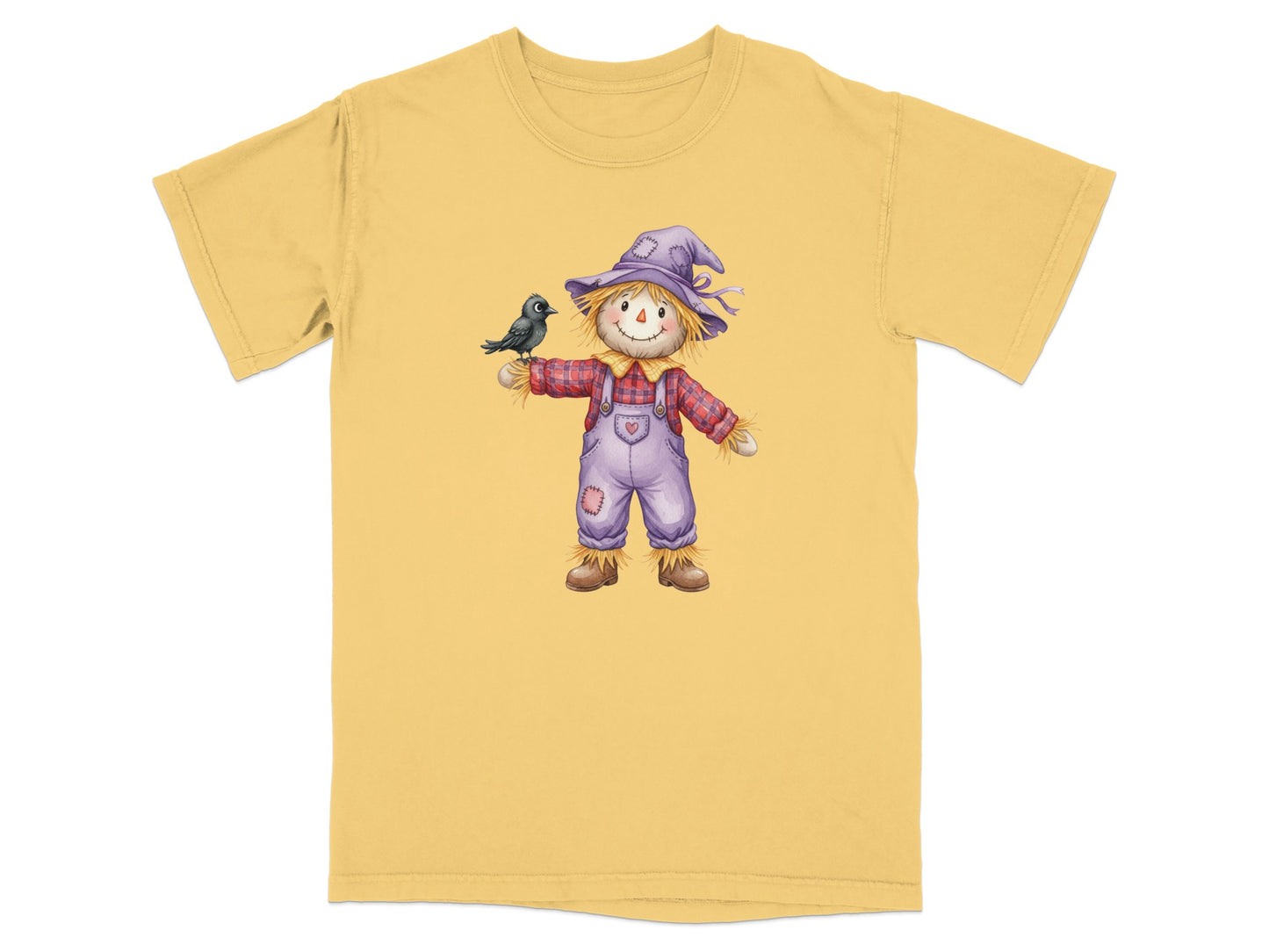 Scarecrow with a bird on its hand, wearing a purple hat and overalls.