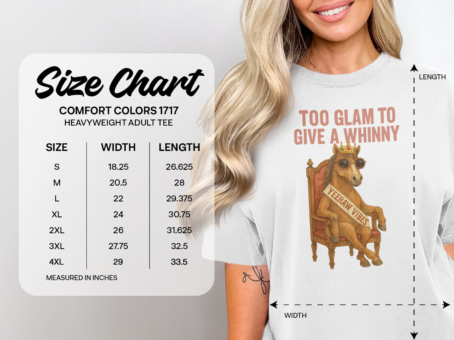 Comfort Colors size chart for heavyweight adult tee, with measurements.